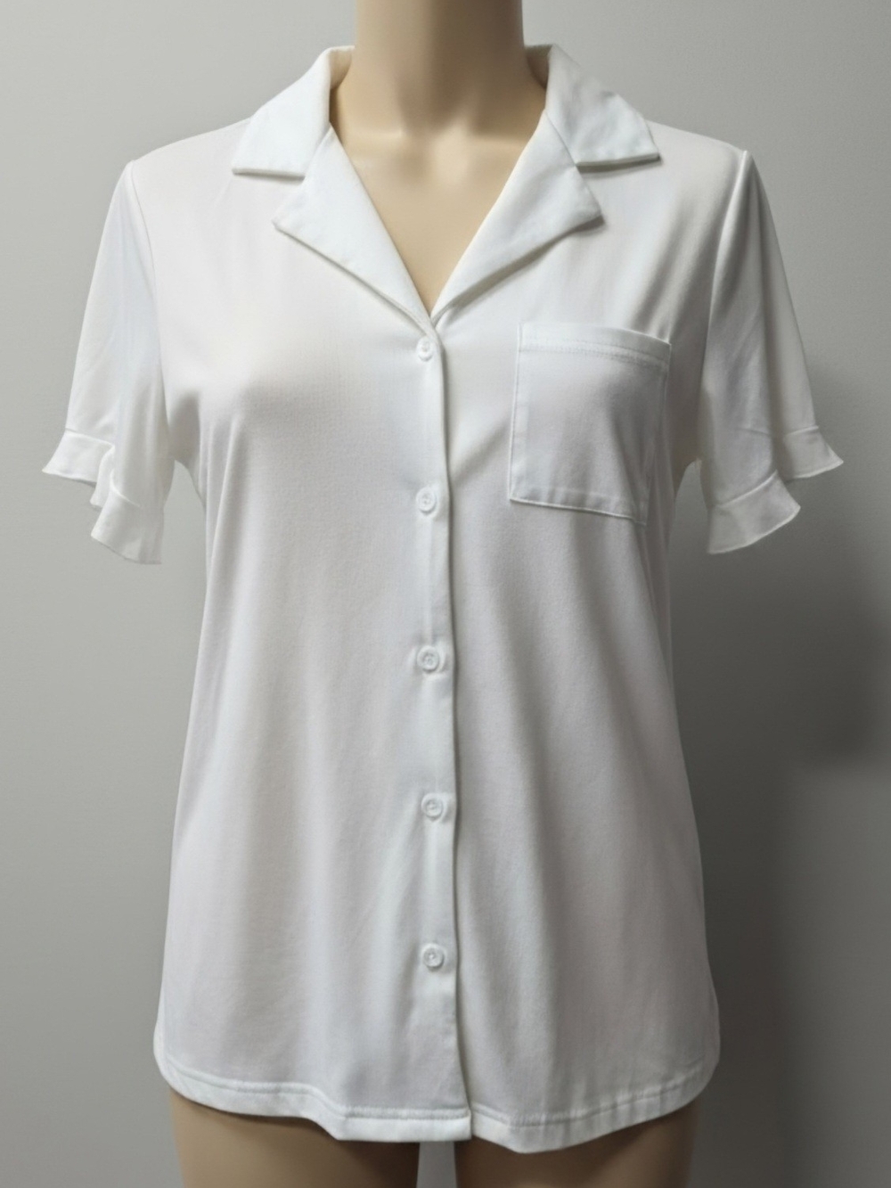Women's White Short-Sleeve Button Down Shirt with Pocket